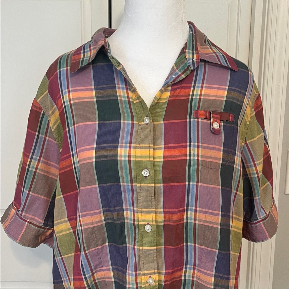 Vintage L.L. Bean Women’s Multicolor Plaid Short-Sleeve Button-Down Camp Shirt L - Picture 2 of 8